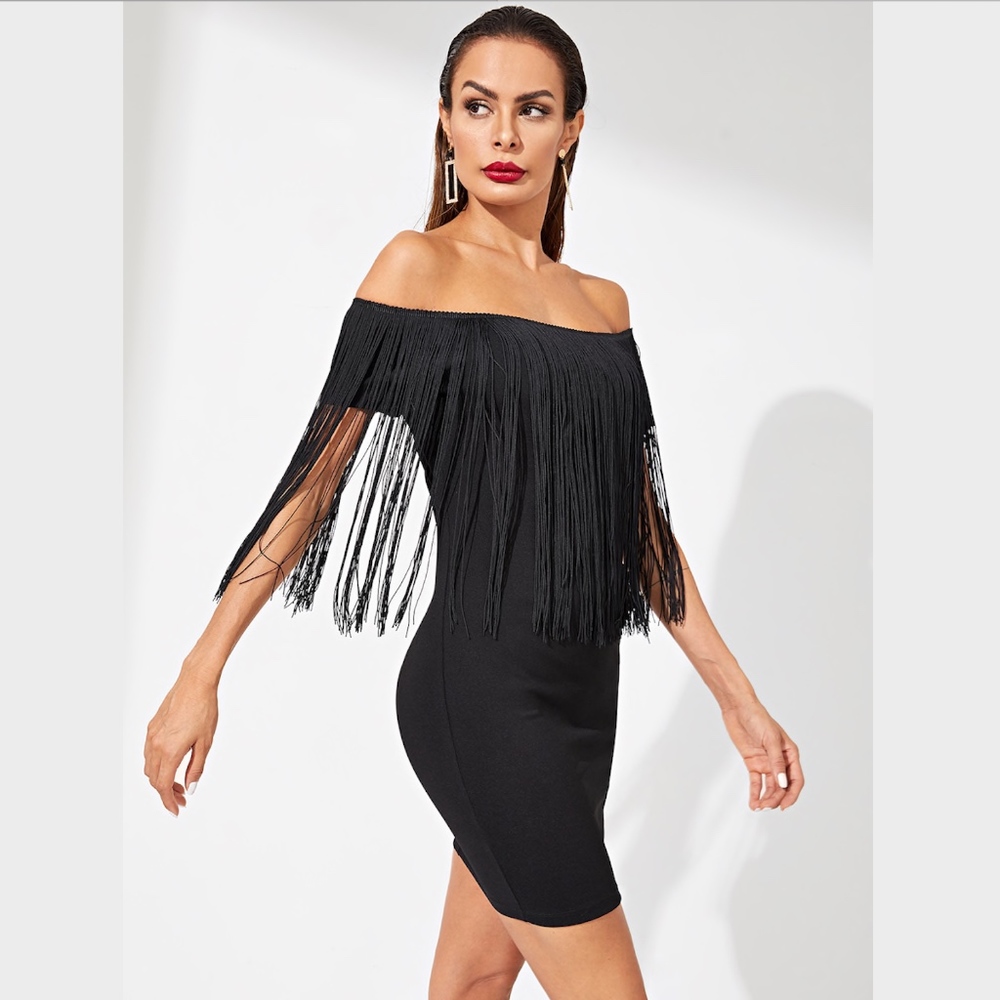 Off Shoulder Fringe Detail Bodycon Dress Black - Picture 5 of 8